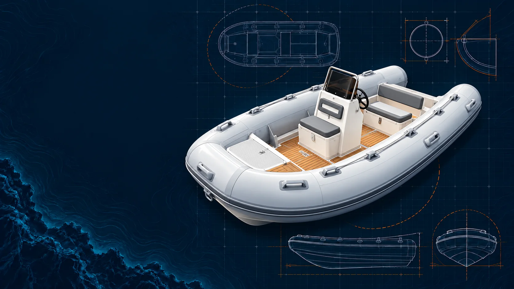 Fiberglass RIBs: AI-assisted configuration illustration based on Reachsea catalog family, not an exact product or factory photo