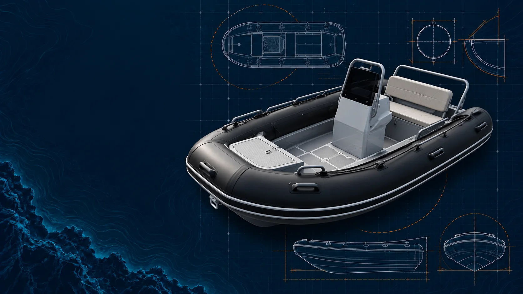 RIB Tenders: AI-assisted configuration illustration based on Reachsea catalog family, not an exact product or factory photo