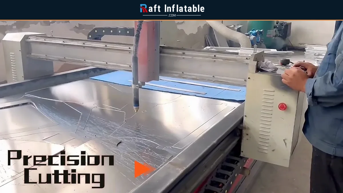 CNC cutting an aluminum sheet for a rigid inflatable boat hull